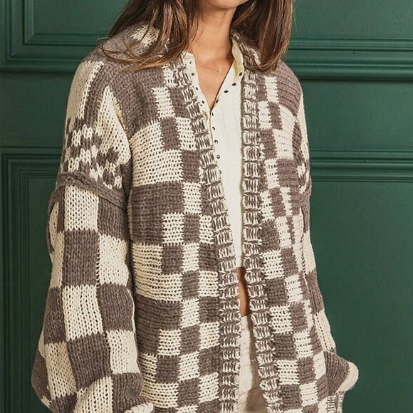 Brown Casual Women's Open Front Mixed Checkered Pattern Knit Cardigan - Picture 4 of 6